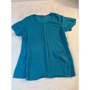 FLAX Lagenlook Blue Linen Cotton Blend Tunic Shirt Pockets Size 1G